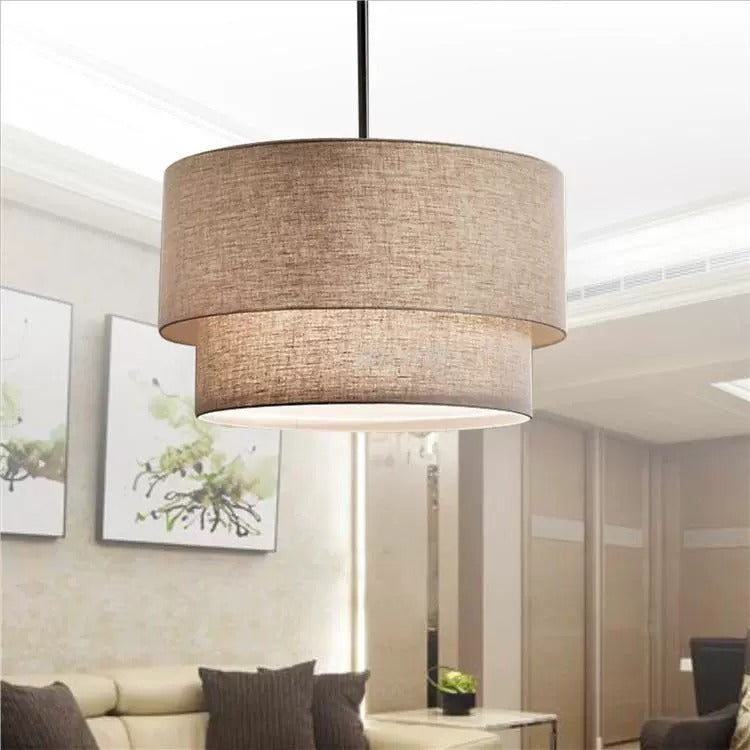 Double Fabric Drum Linen Pendant Lamp – Rustic Light for Dining Room