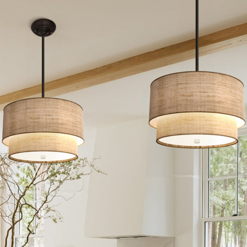 Double Fabric Drum Linen Pendant Lamp – Rustic Light for Dining Room
