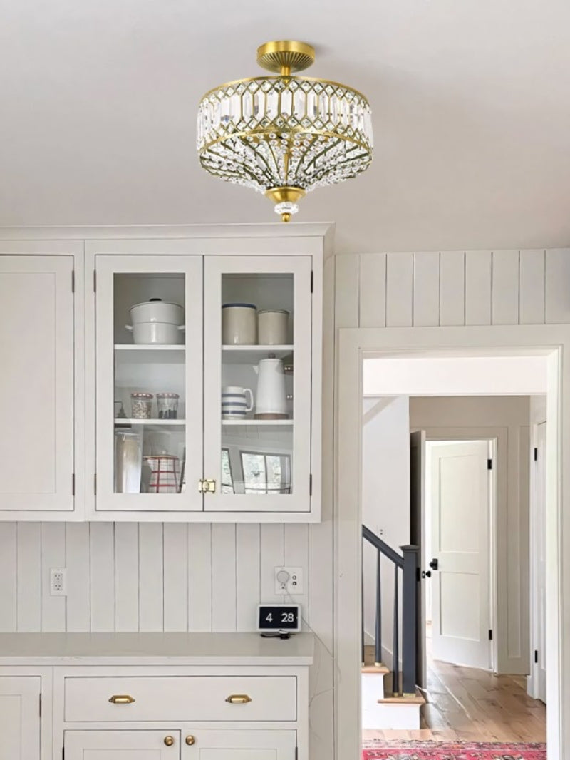 Luxury Crystal Wheeled Glass Pendant Light - Drum Semi Flush Chandelier