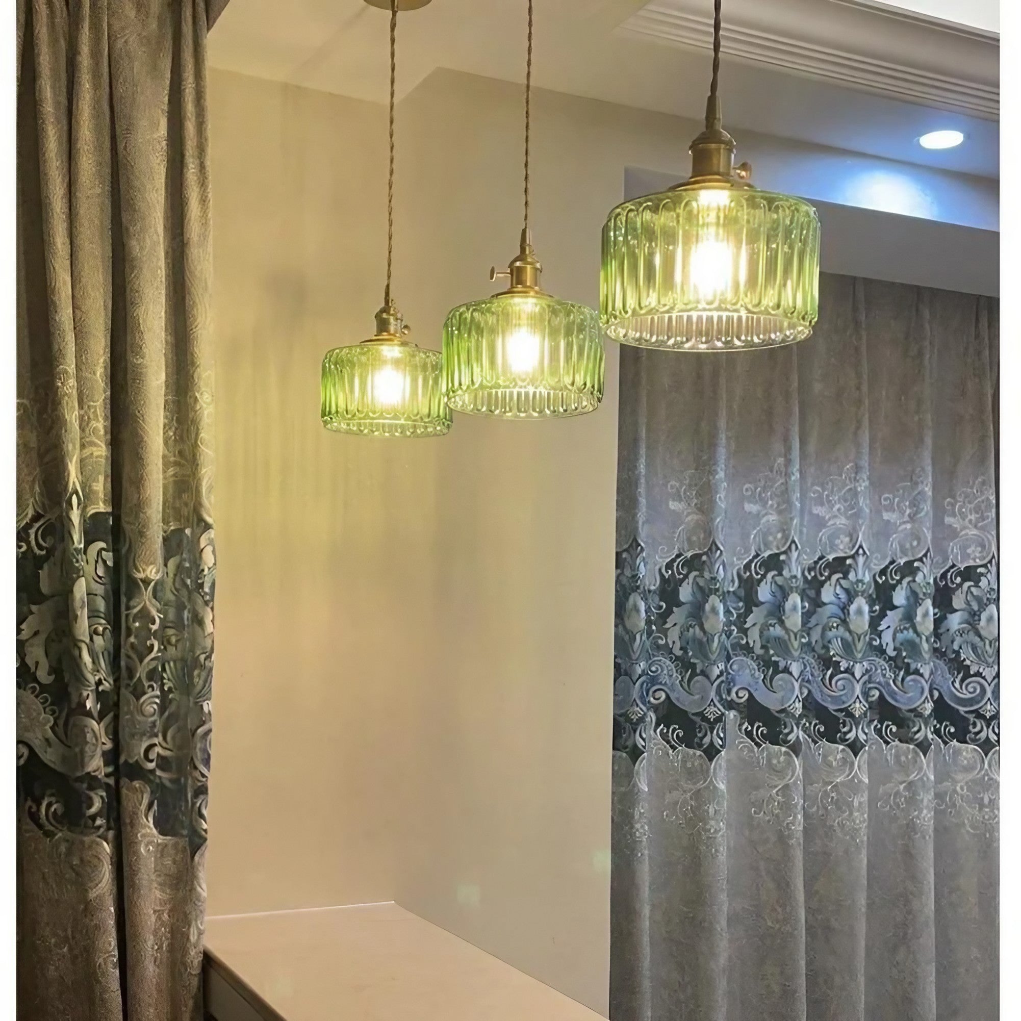 Vintage Wavy Green Glass Pendant Light – Cylinder Shade Hanging Lamp