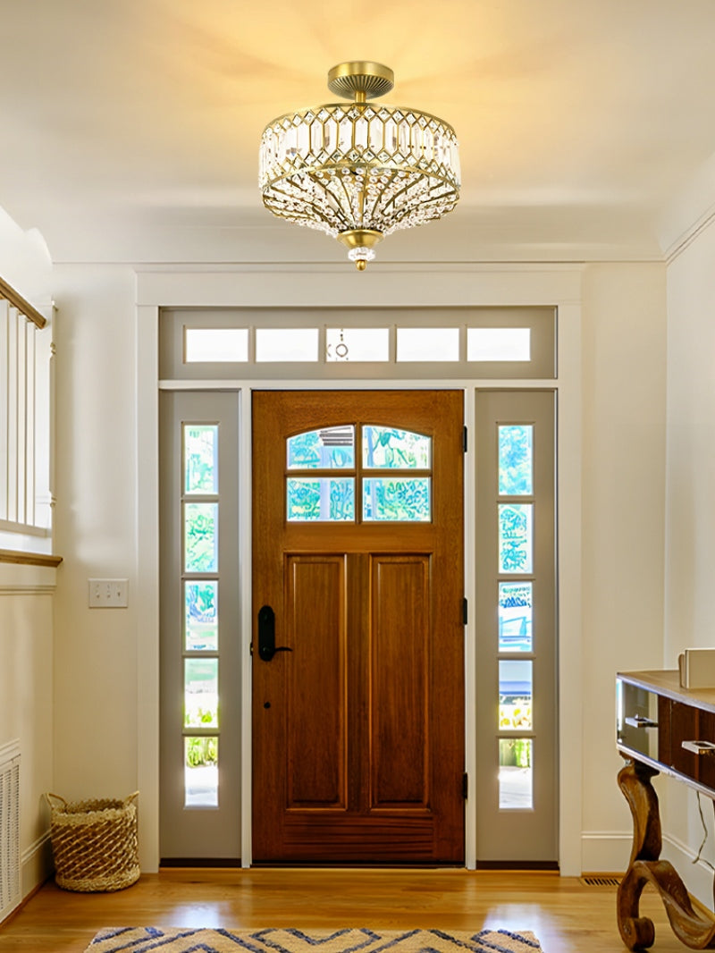 Luxury Crystal Wheeled Glass Pendant Light - Drum Semi Flush Chandelier