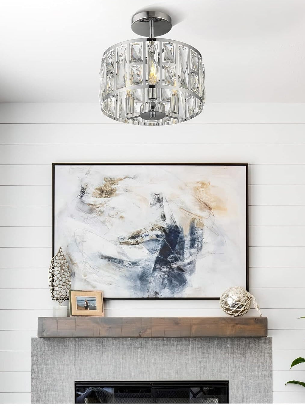 Industrial  Crystal Drum Ceiling Lamp - Entrance Glass Flush Mount Light