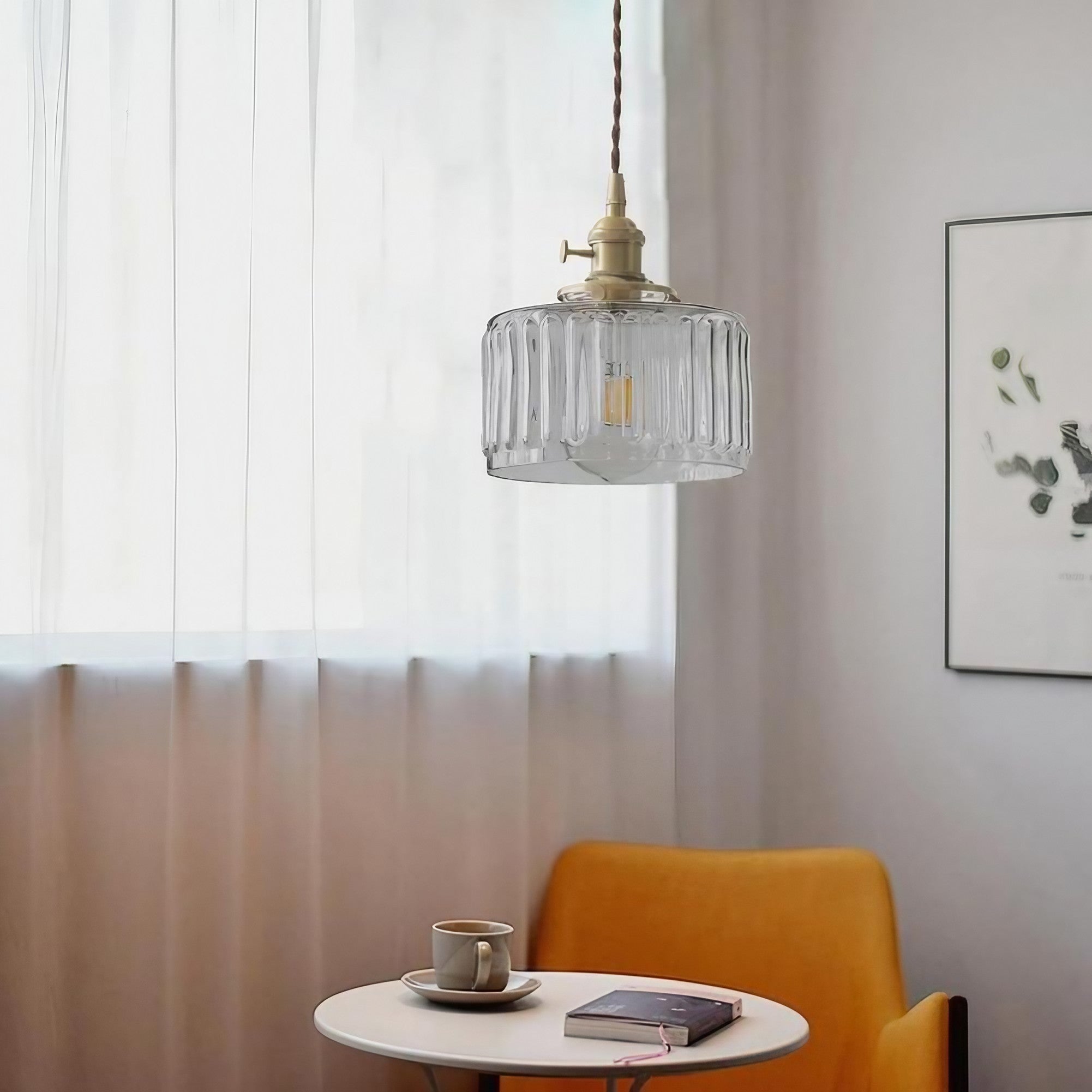 Vintage Wavy Green Glass Pendant Light – Cylinder Shade Hanging Lamp