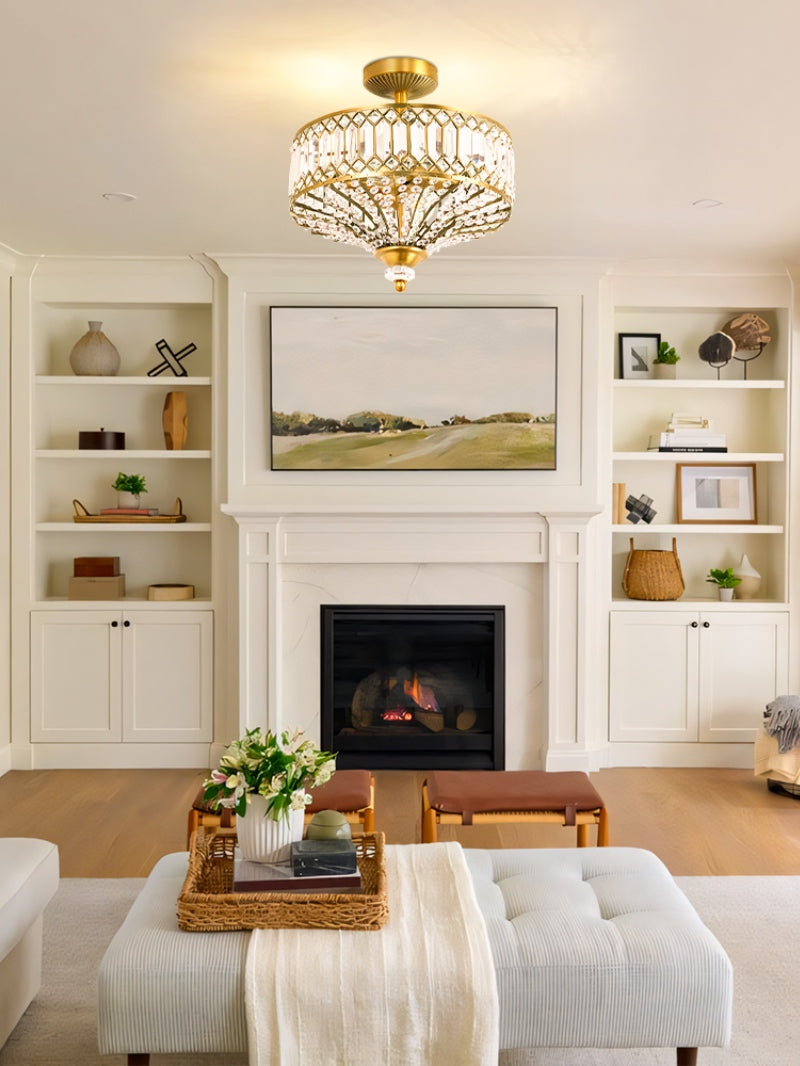 Luxury Crystal Wheeled Glass Pendant Light - Drum Semi Flush Chandelier