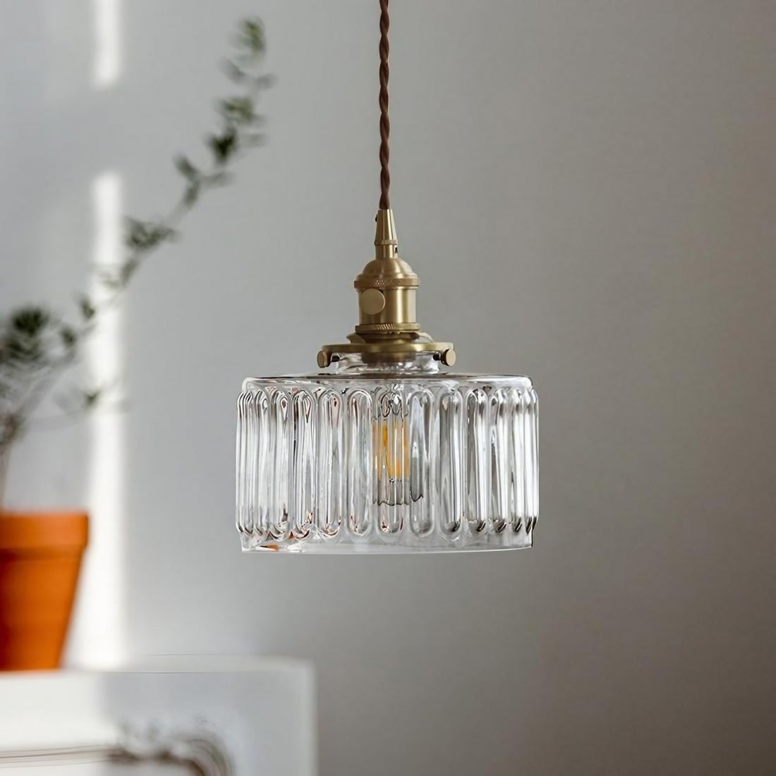 Vintage Wavy Green Glass Pendant Light – Cylinder Shade Hanging Lamp