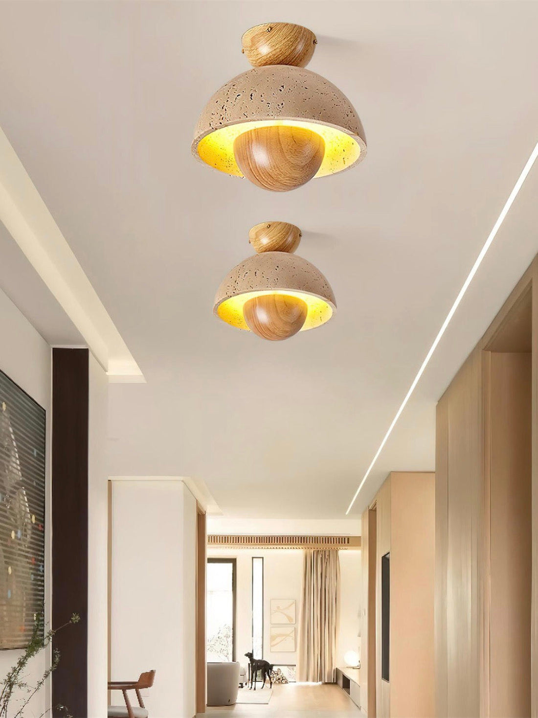 Wabi-Sabi Style Travertine and Wood Half-Sphere Ceiling Light