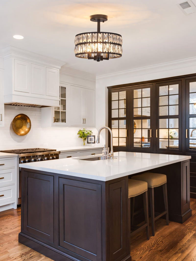 Luxury Crystal Wheeled Glass Pendant Light - Drum Semi Flush Chandelier