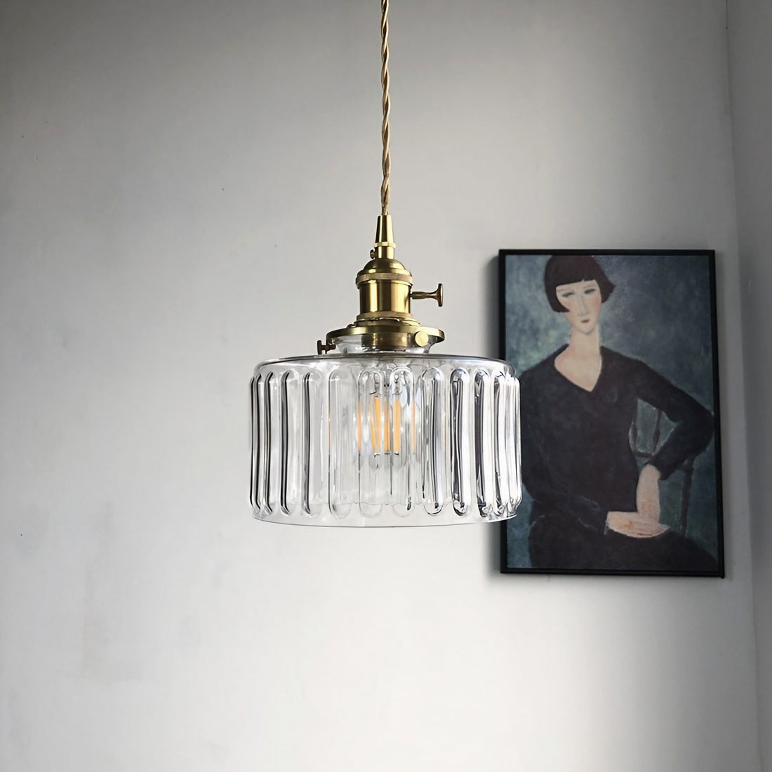 Vintage Wavy Green Glass Pendant Light – Cylinder Shade Hanging Lamp