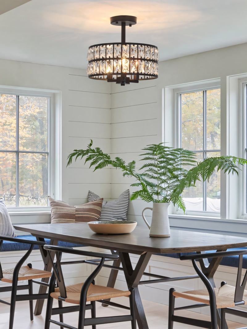 Luxury Crystal Wheeled Glass Pendant Light - Drum Semi Flush Chandelier