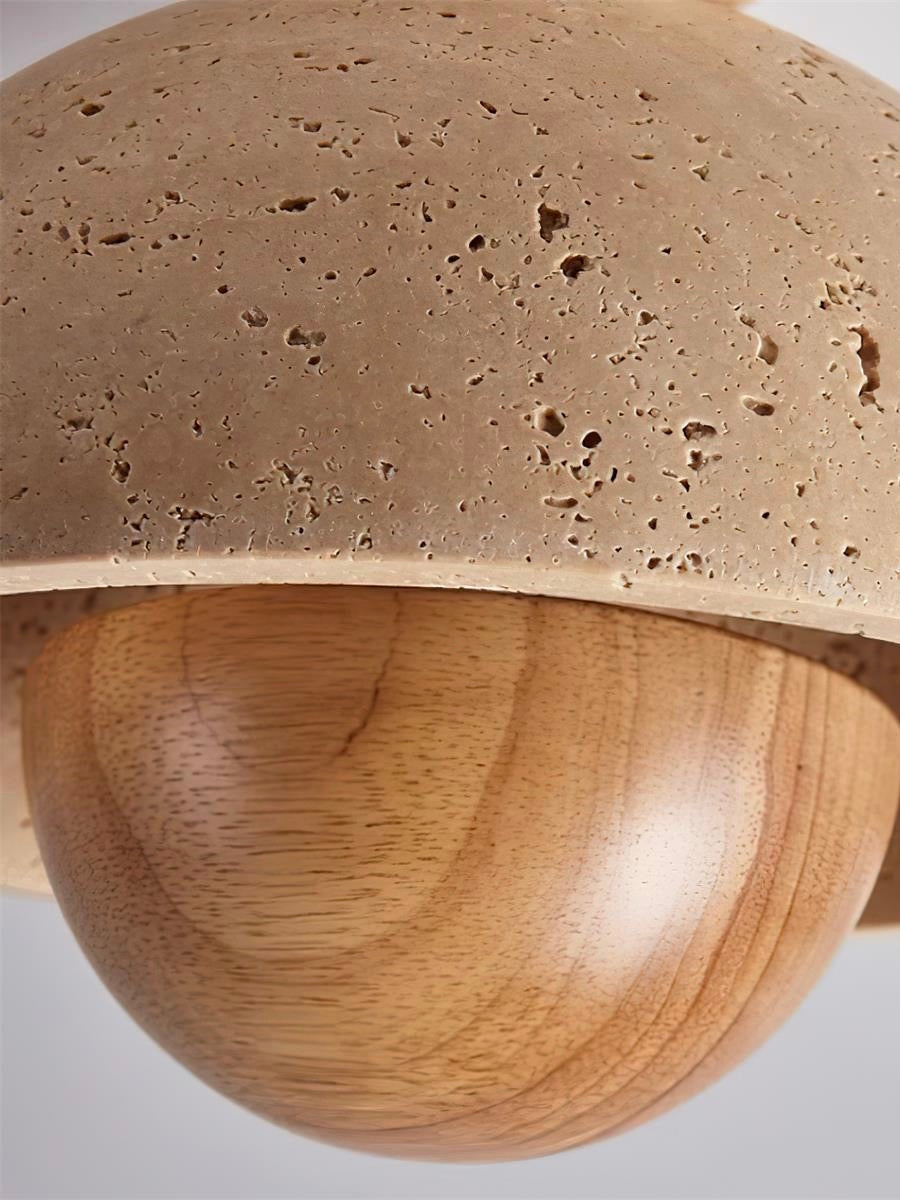 Wabi-Sabi Style Travertine and Wood Half-Sphere Ceiling Light