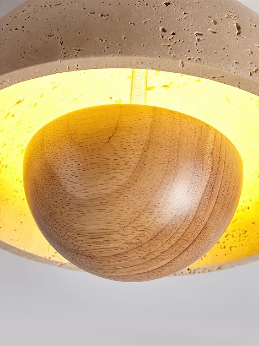 Wabi-Sabi Style Travertine and Wood Half-Sphere Ceiling Light