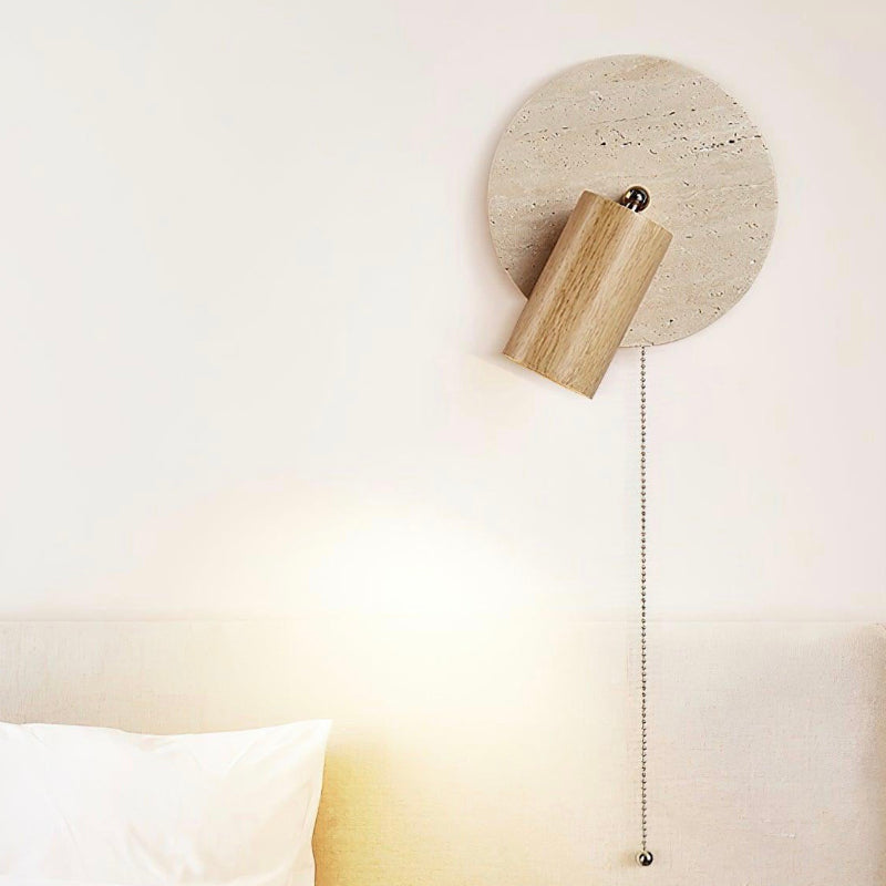 Wabi-Sabi Style Travertine Cylinder Wall Lamp with Pull-chain Switch