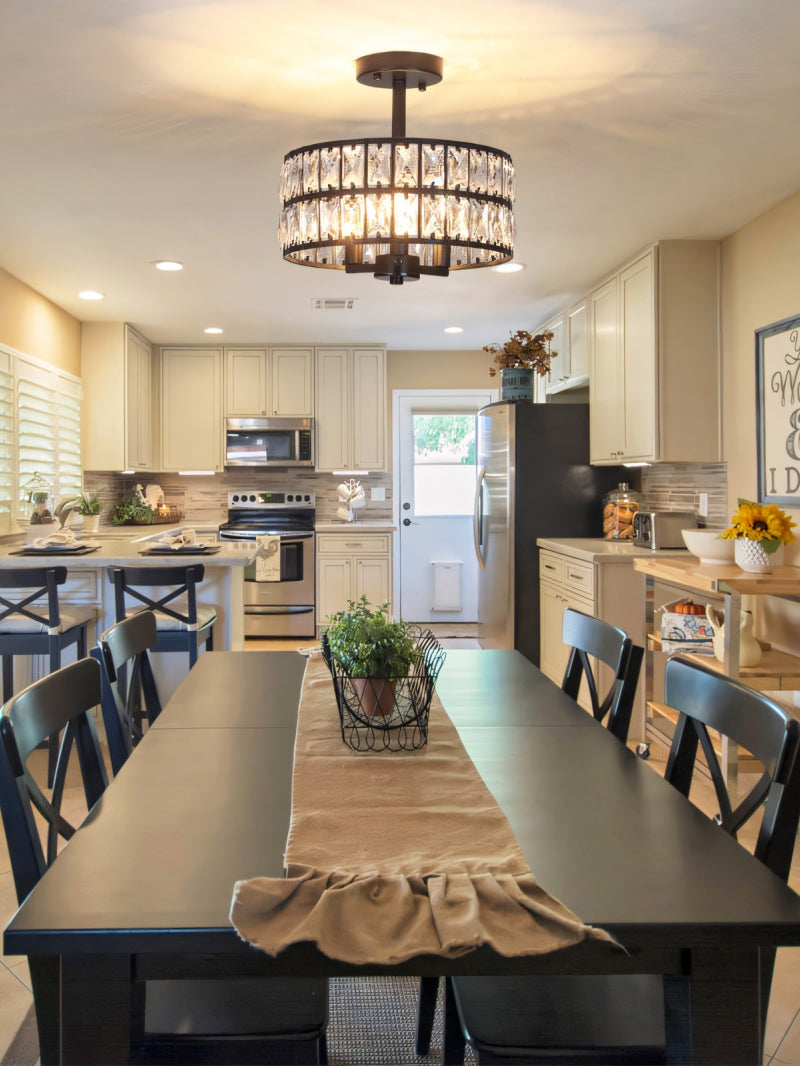 Luxury Crystal Wheeled Glass Pendant Light - Drum Semi Flush Chandelier