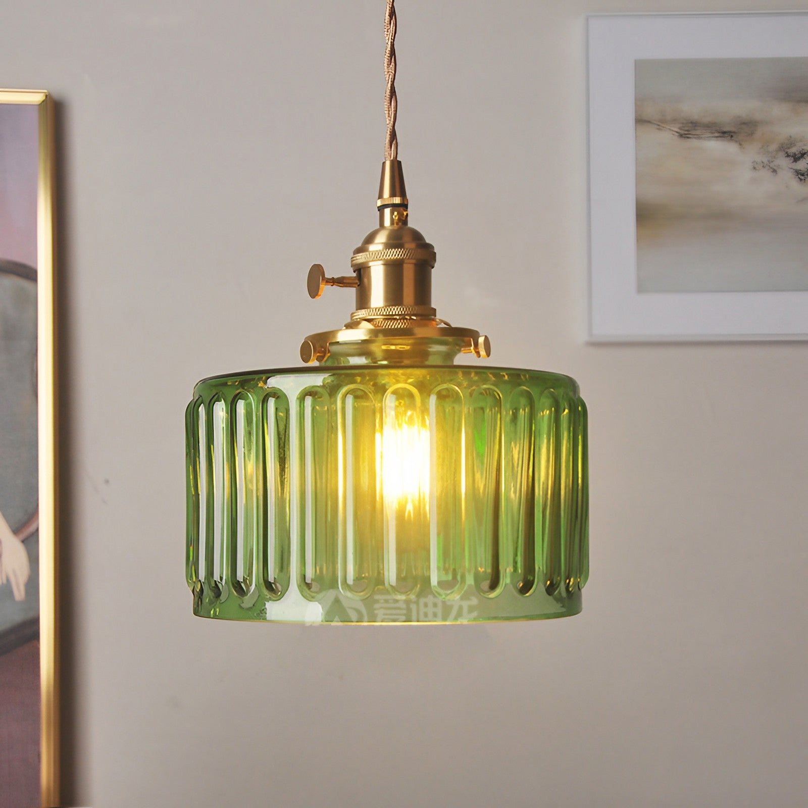 Vintage Wavy Green Glass Pendant Light – Cylinder Shade Hanging Lamp