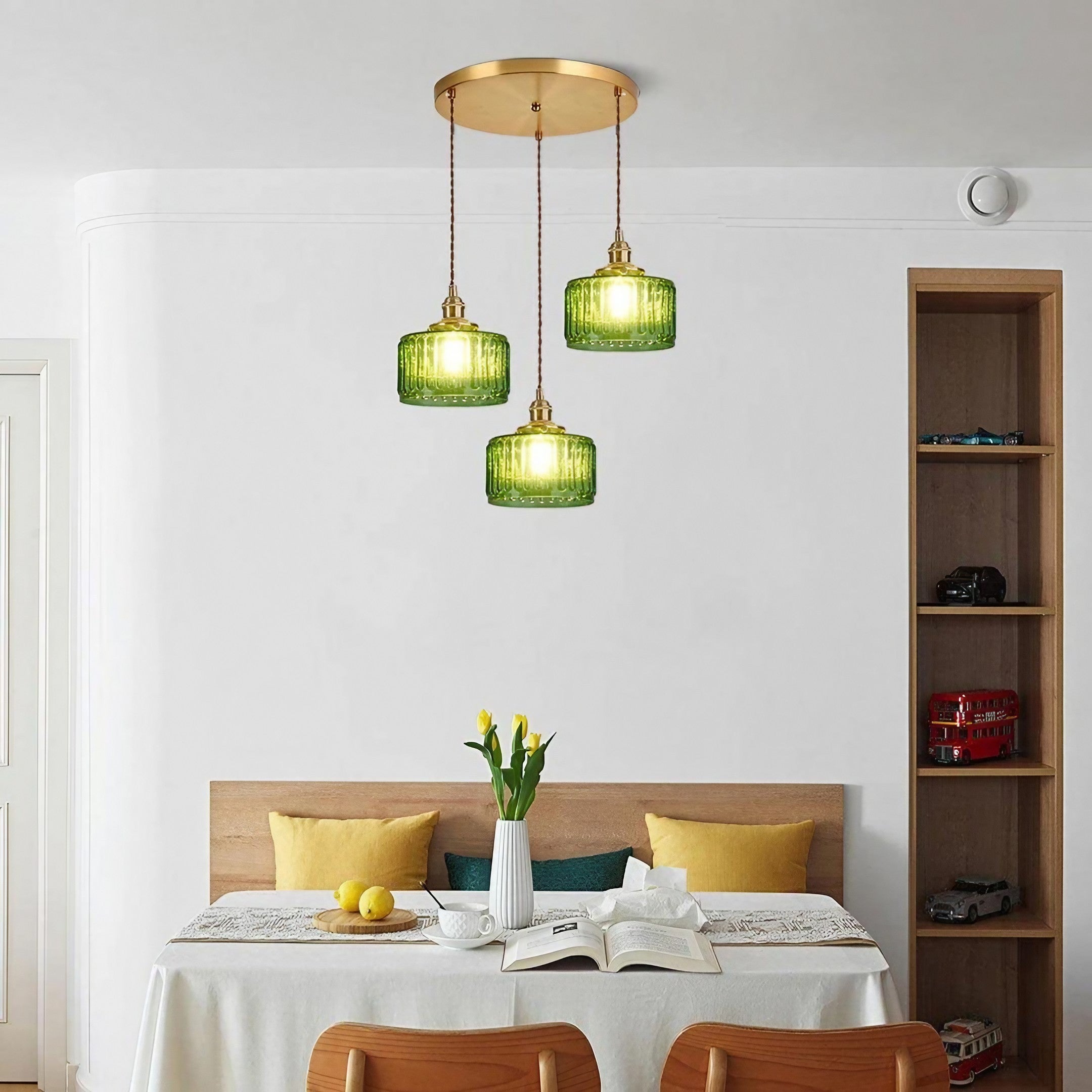 Vintage Wavy Green Glass Pendant Light – Cylinder Shade Hanging Lamp