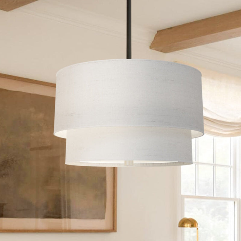 Double Fabric Drum Linen Pendant Lamp – Rustic Light for Dining Room