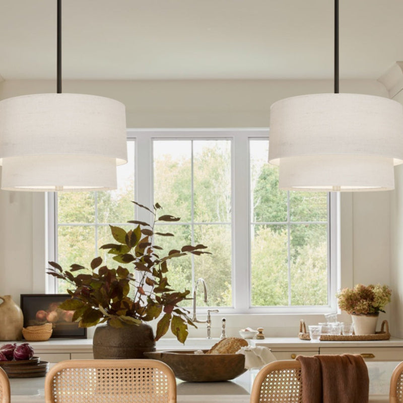 Double Fabric Drum Linen Pendant Lamp – Rustic Light for Dining Room