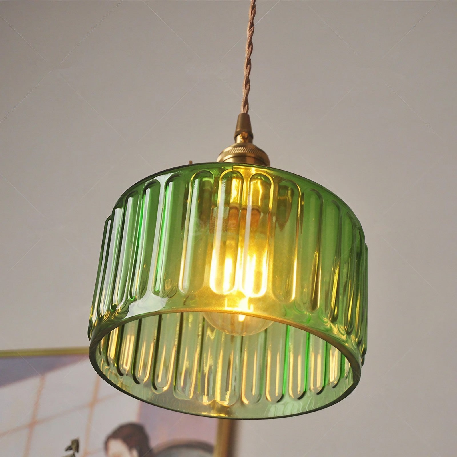 Vintage Wavy Green Glass Pendant Light – Cylinder Shade Hanging Lamp