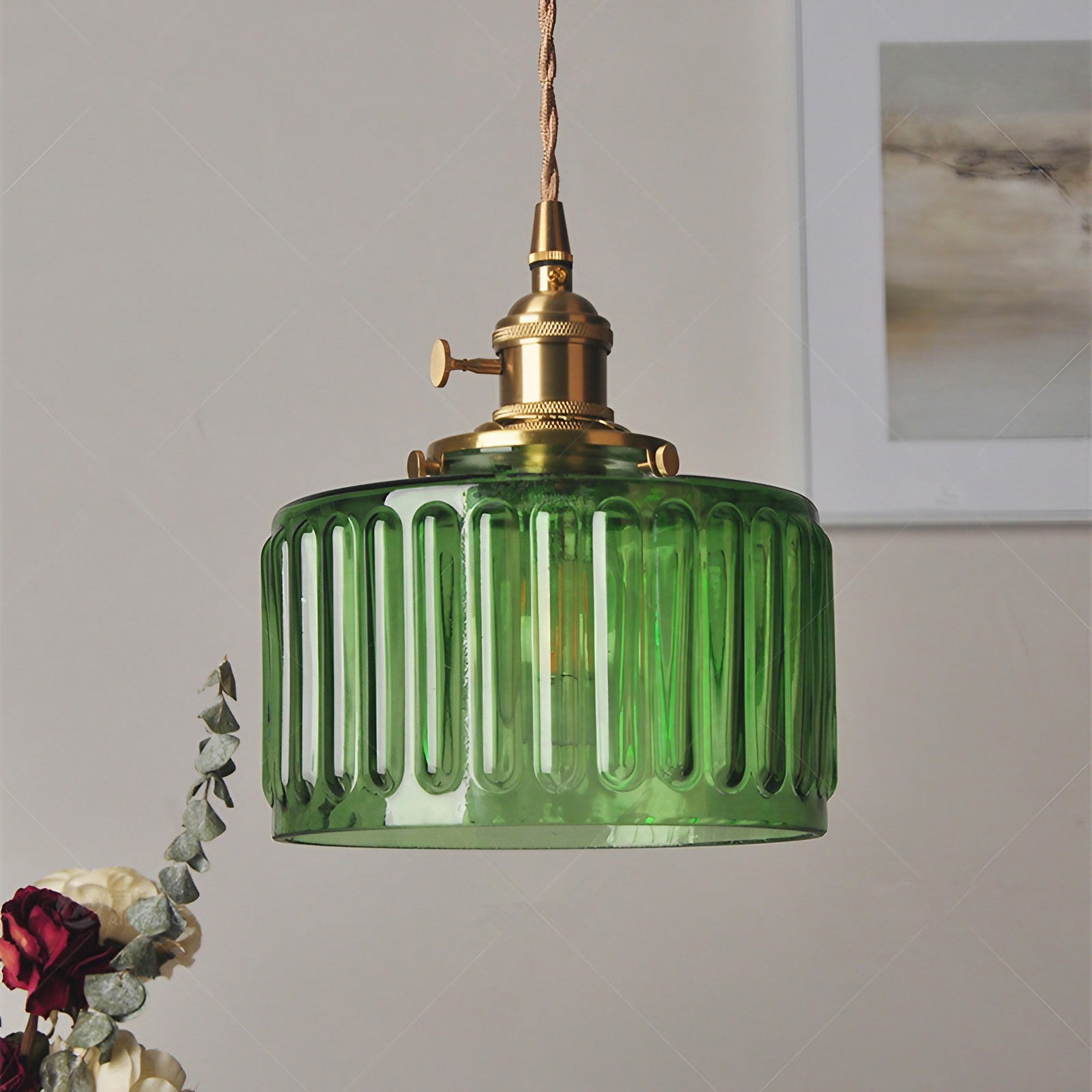Vintage Wavy Green Glass Pendant Light – Cylinder Shade Hanging Lamp