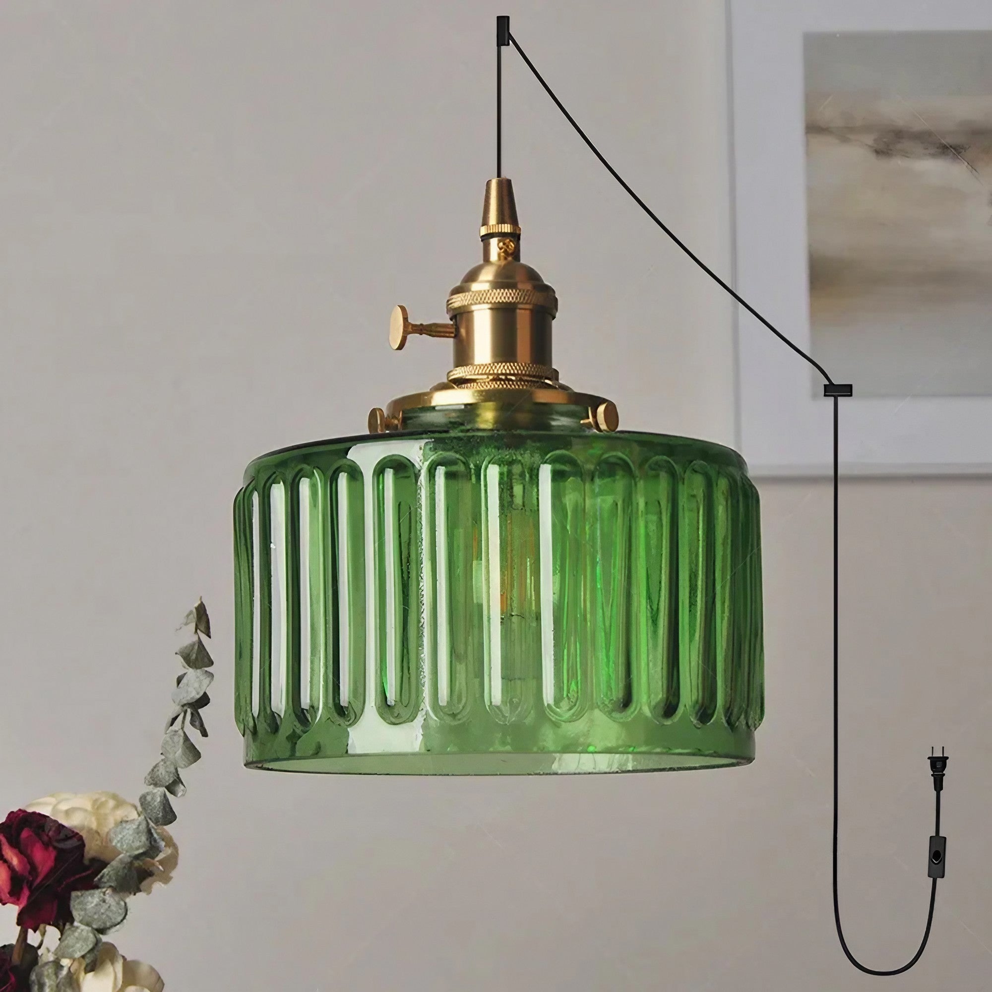 Vintage Wavy Green Glass Pendant Light – Cylinder Shade Hanging Lamp