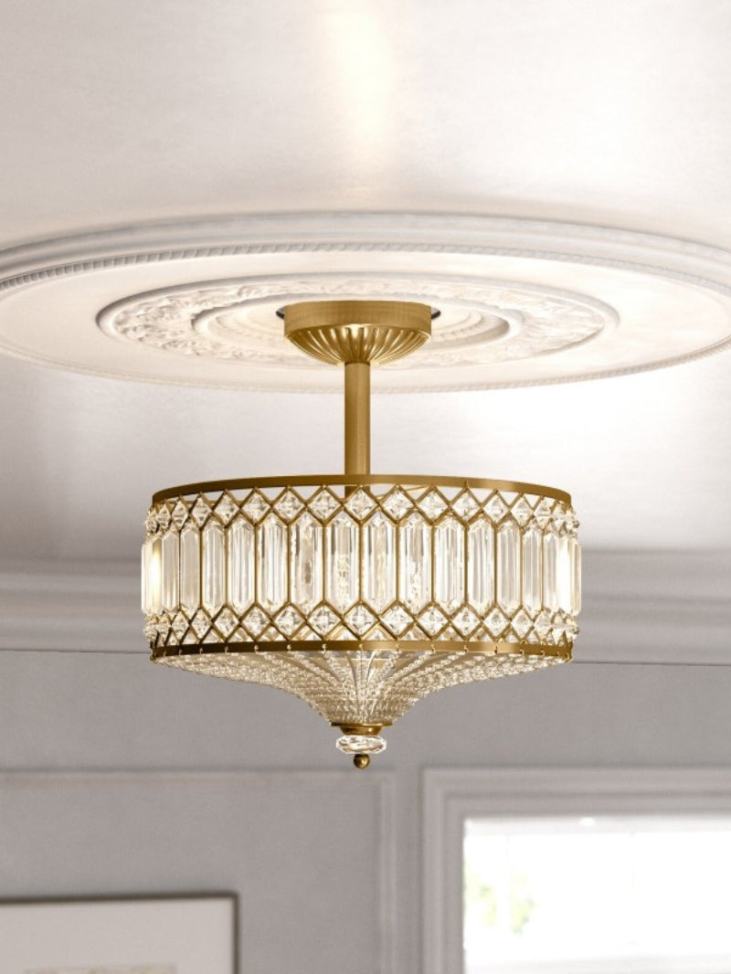 Luxury Crystal Wheeled Glass Pendant Light - Drum Semi Flush Chandelier