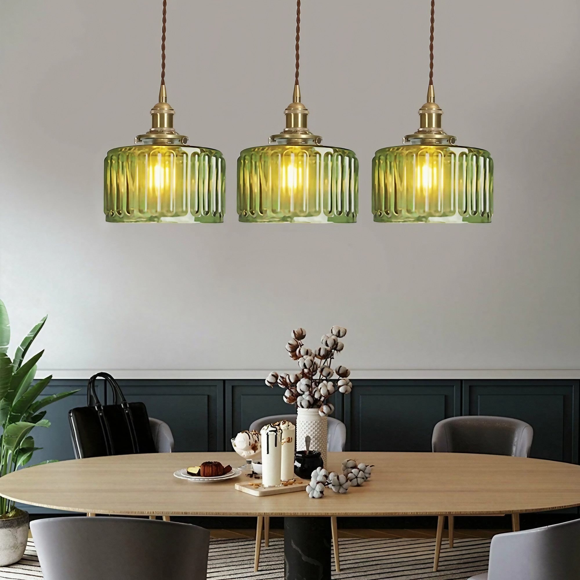 Vintage Wavy Green Glass Pendant Light – Cylinder Shade Hanging Lamp