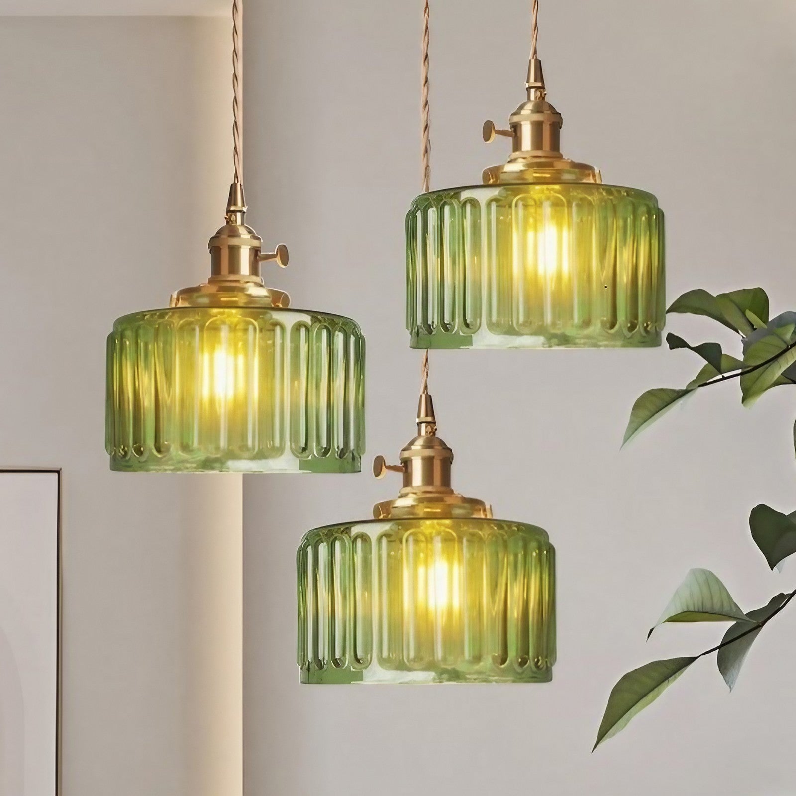 Vintage Wavy Green Glass Pendant Light – Cylinder Shade Hanging Lamp