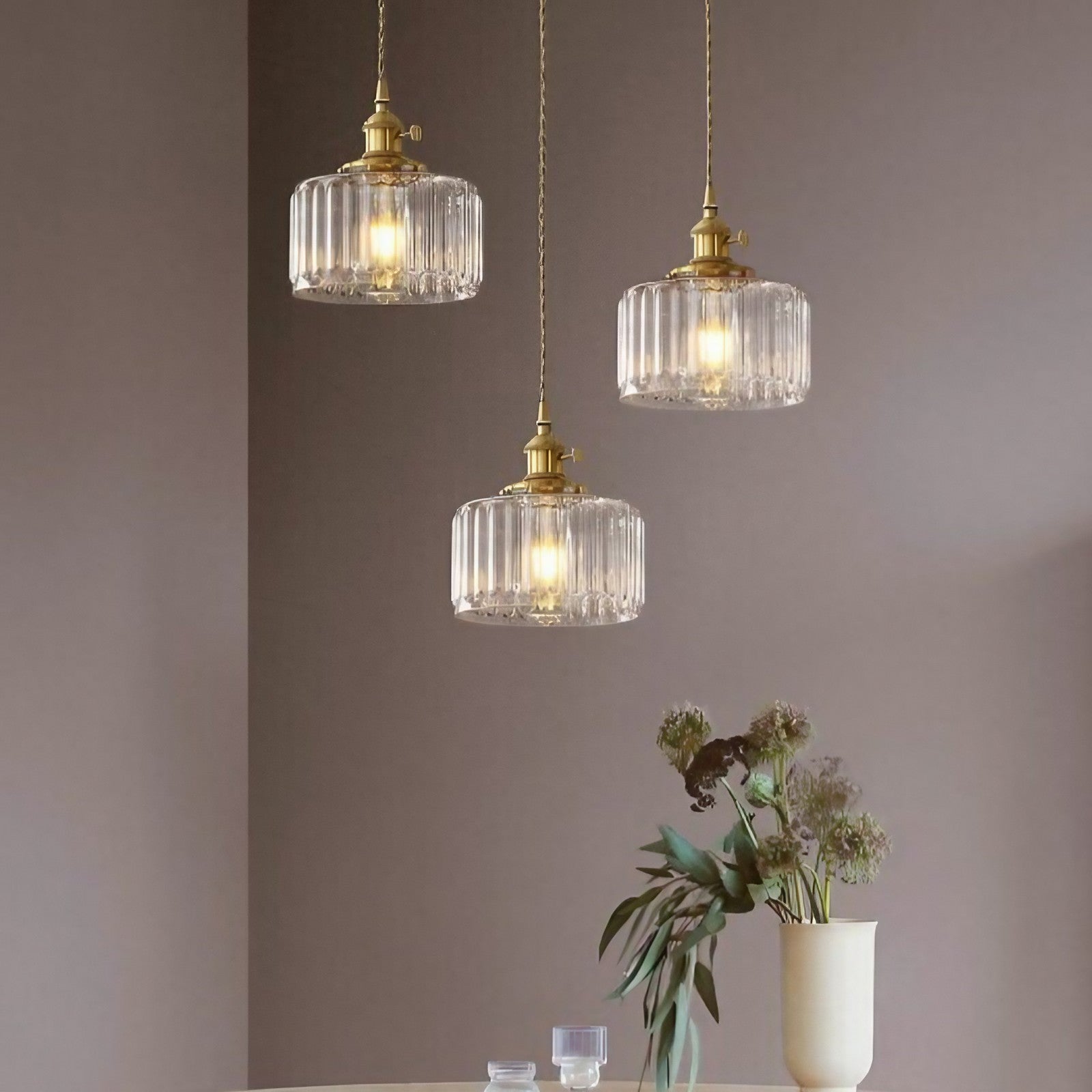 Vintage Wavy Green Glass Pendant Light – Cylinder Shade Hanging Lamp