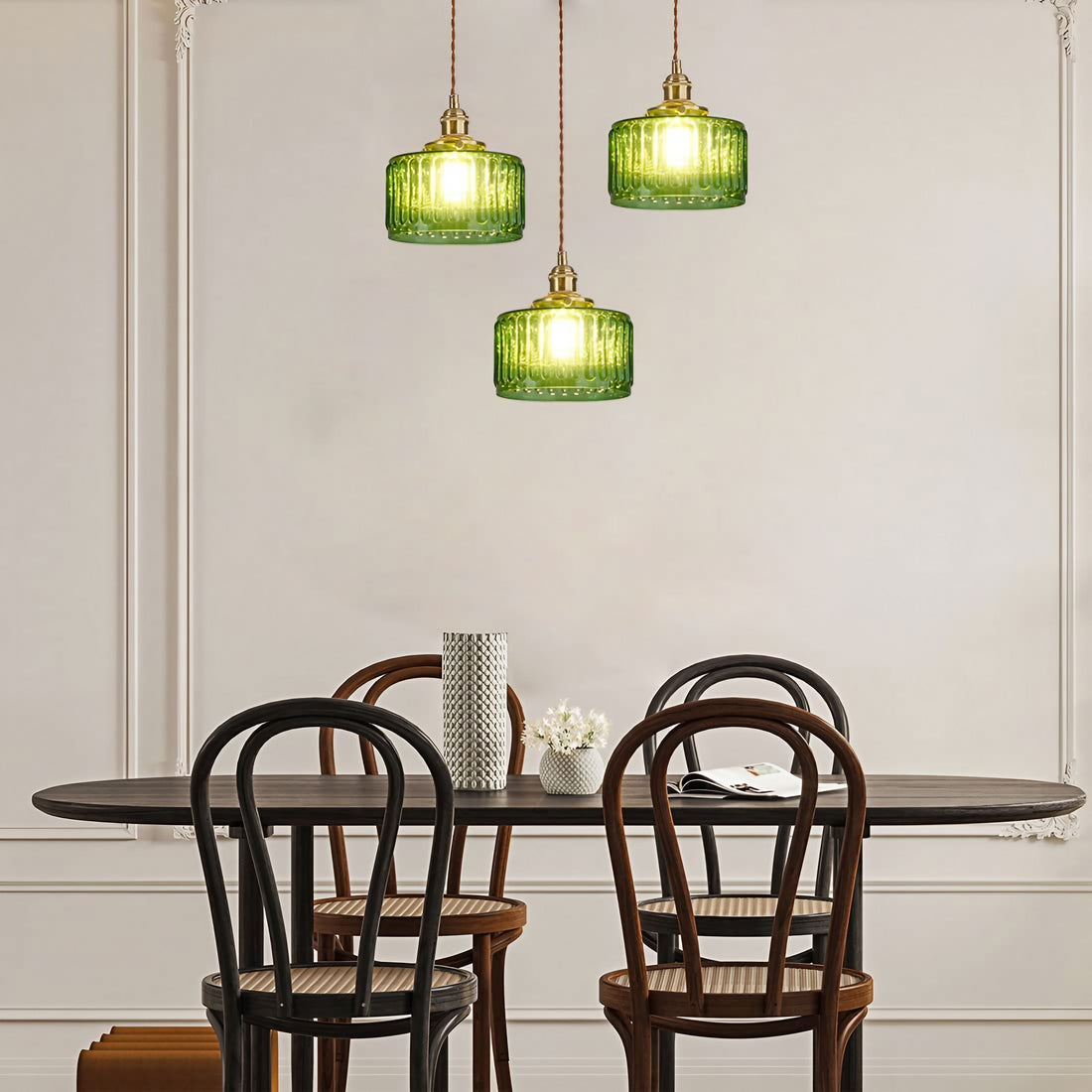 Vintage Wavy Green Glass Pendant Light – Cylinder Shade Hanging Lamp