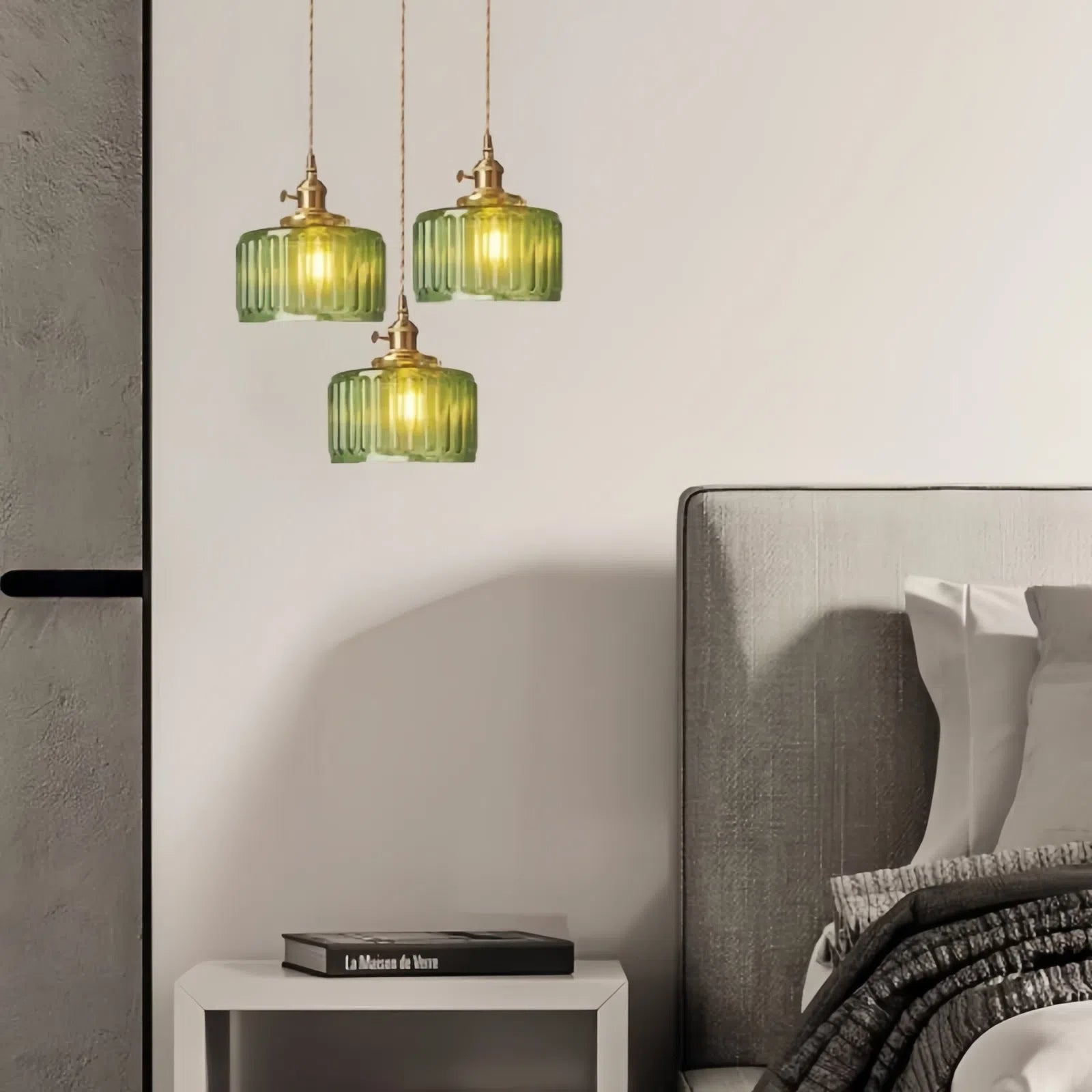 Vintage Wavy Green Glass Pendant Light – Cylinder Shade Hanging Lamp