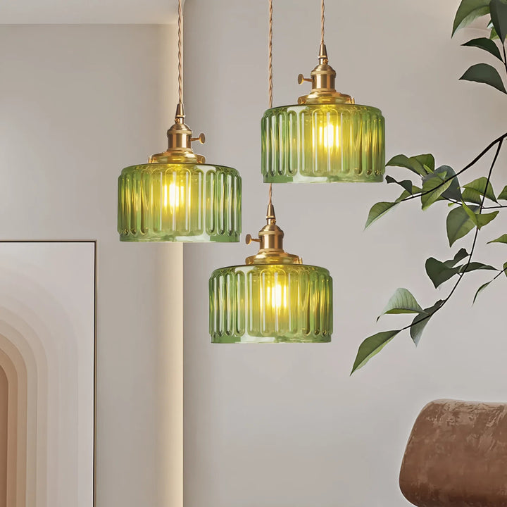 Vintage Wavy Green Glass Pendant Light – Cylinder Shade Hanging Lamp