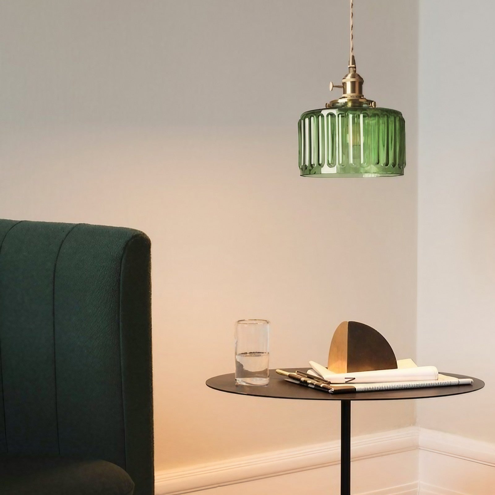 Vintage Wavy Green Glass Pendant Light – Cylinder Shade Hanging Lamp