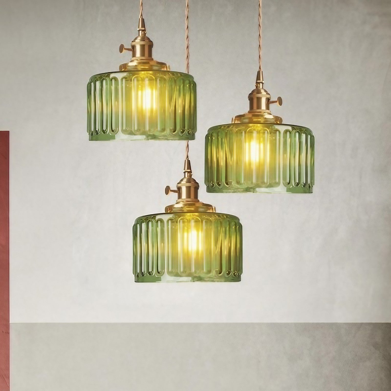 Vintage Wavy Green Glass Pendant Light – Cylinder Shade Hanging Lamp