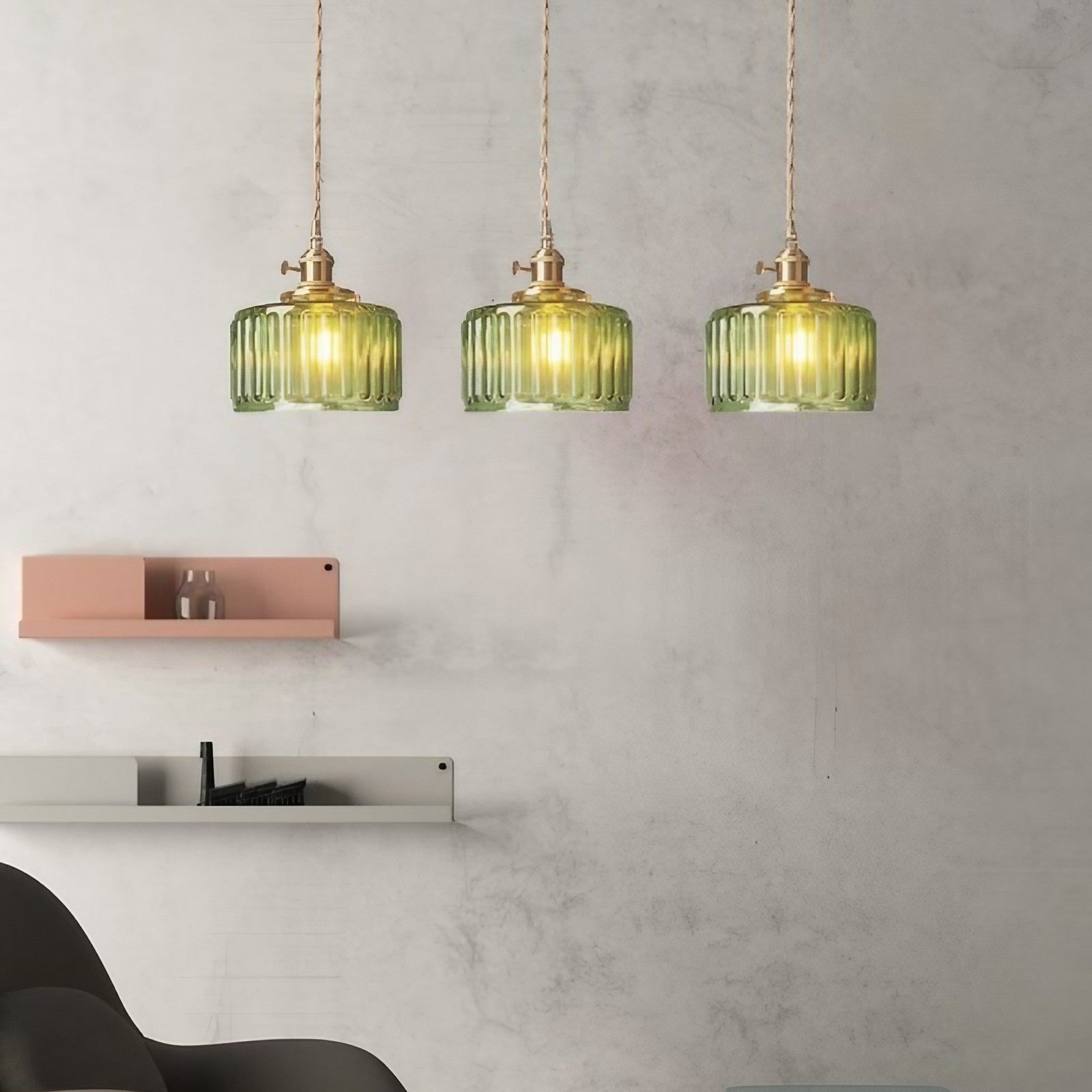 Vintage Wavy Green Glass Pendant Light – Cylinder Shade Hanging Lamp