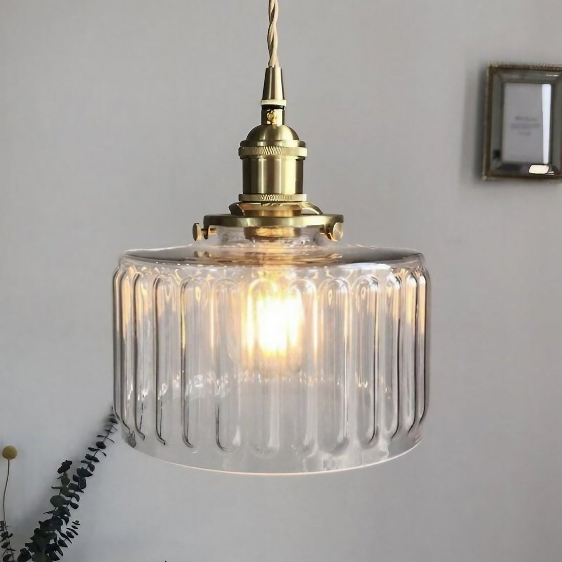 Vintage Wavy Green Glass Pendant Light – Cylinder Shade Hanging Lamp
