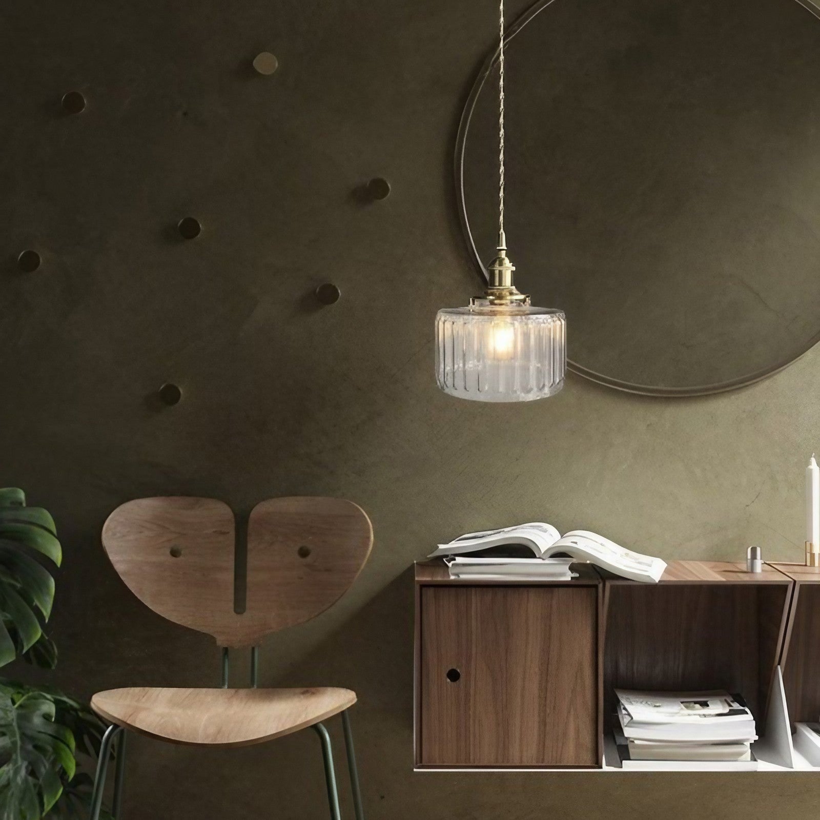 Vintage Wavy Green Glass Pendant Light – Cylinder Shade Hanging Lamp