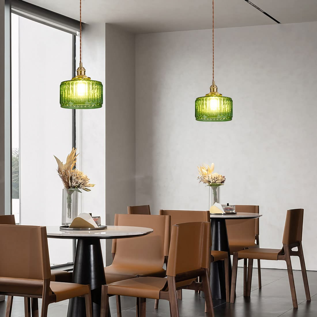 Vintage Wavy Green Glass Pendant Light – Cylinder Shade Hanging Lamp