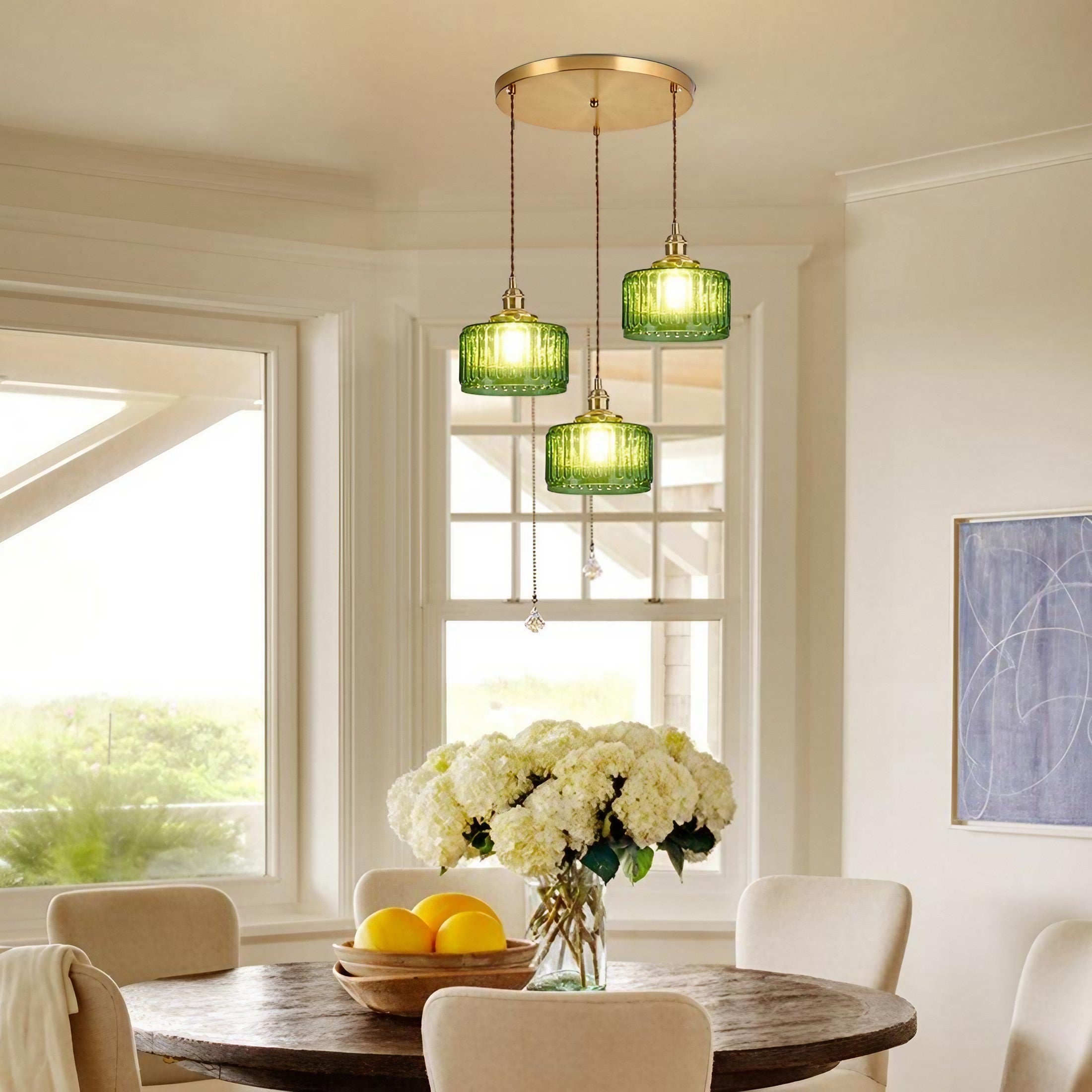 Vintage Wavy Green Glass Pendant Light – Cylinder Shade Hanging Lamp