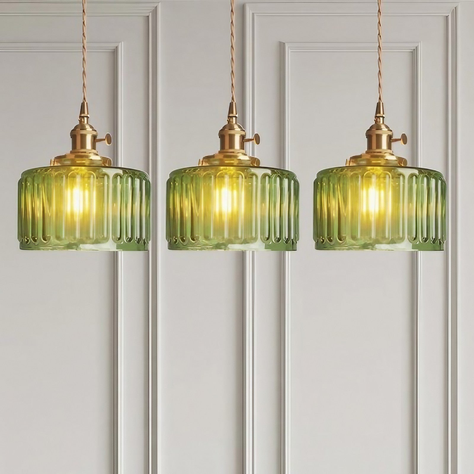 Vintage Wavy Green Glass Pendant Light – Cylinder Shade Hanging Lamp