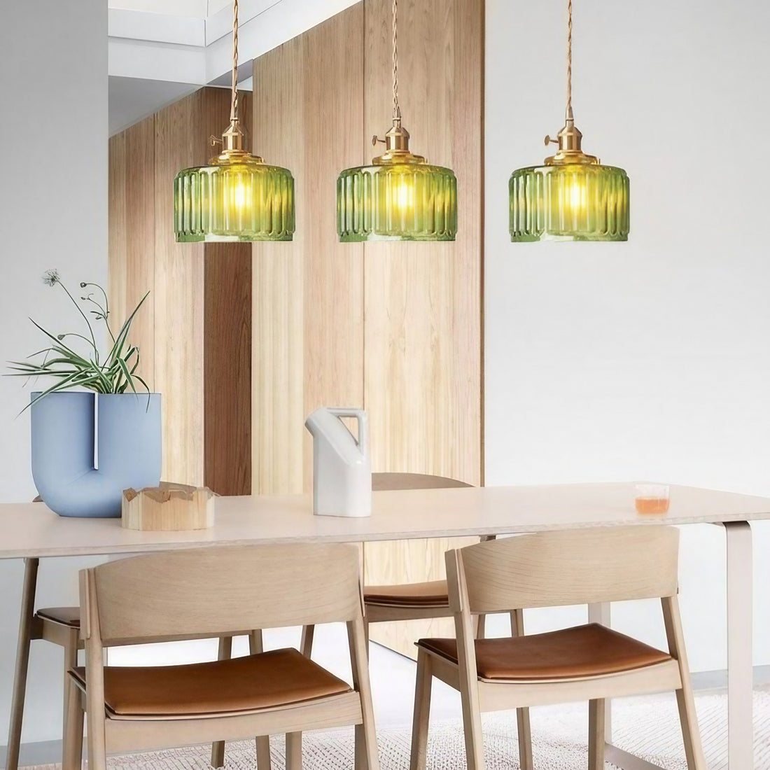 Vintage Wavy Green Glass Pendant Light – Cylinder Shade Hanging Lamp