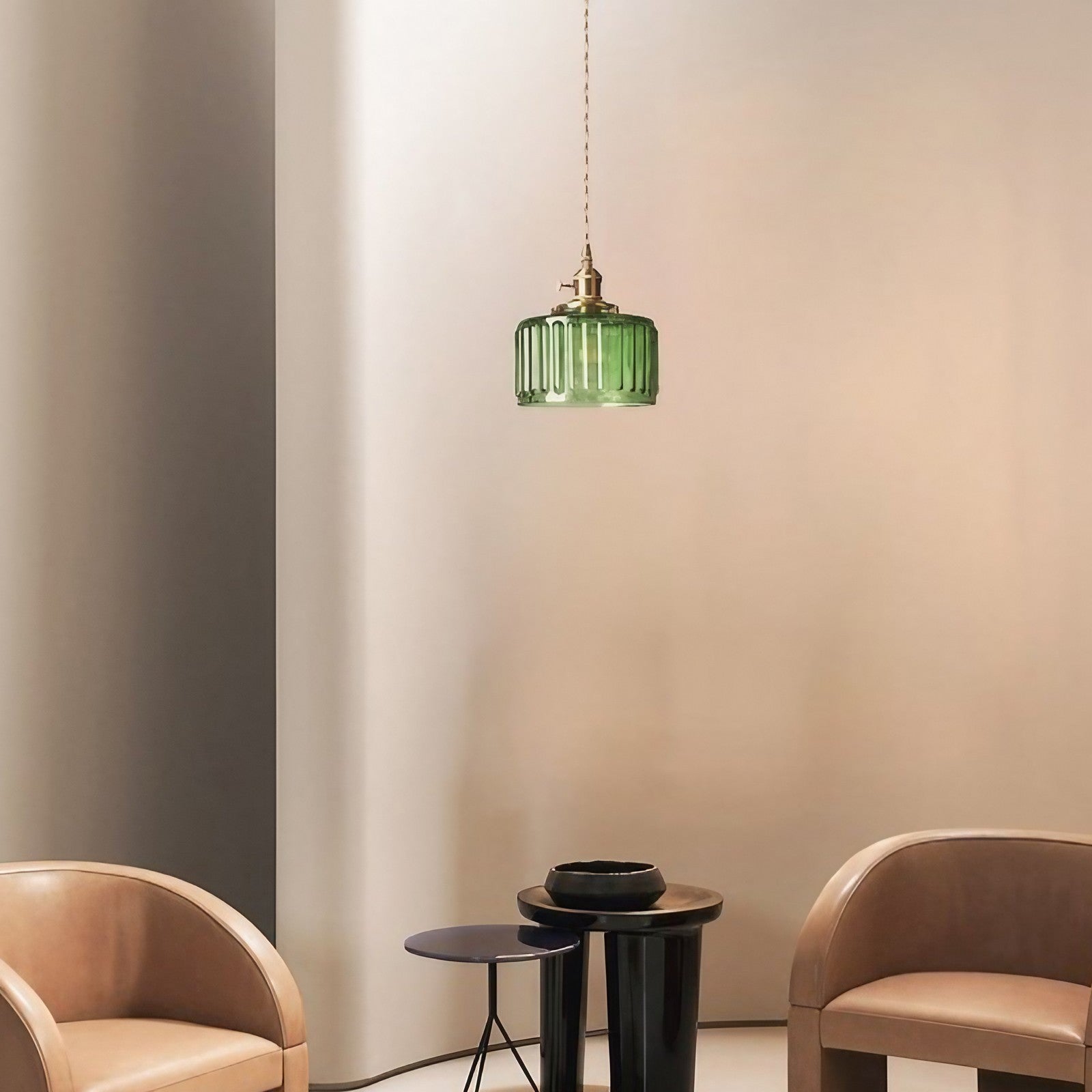 Vintage Wavy Green Glass Pendant Light – Cylinder Shade Hanging Lamp