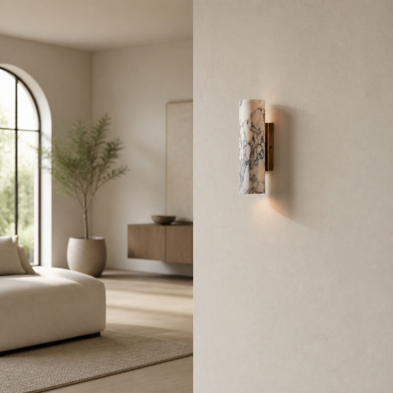 Wolvina Natural Marble Tube Sconce with Sleek Metal Details