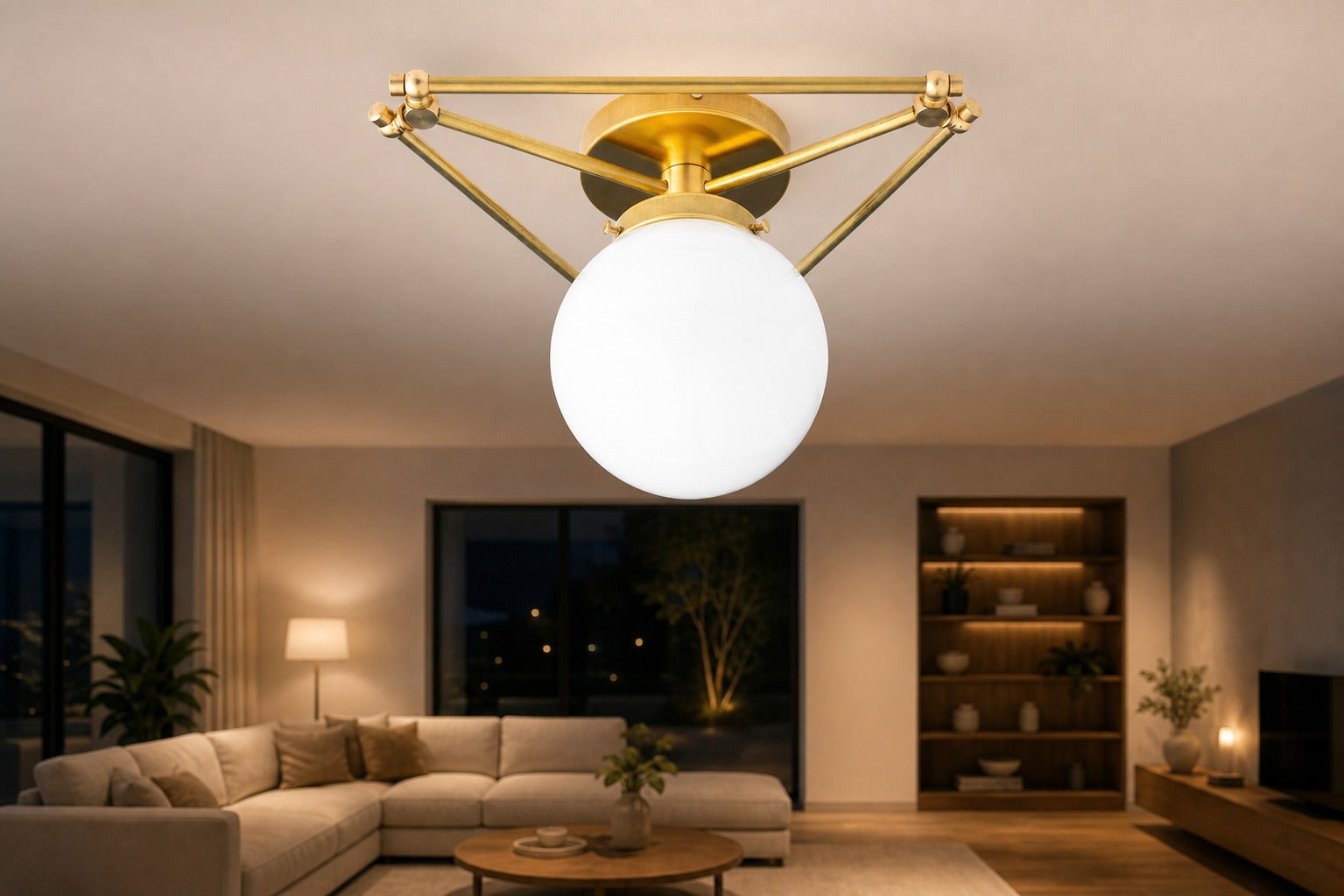 Glorica Glass Geometric Brass Ceiling Lamp - Hand-Blown Globe Design