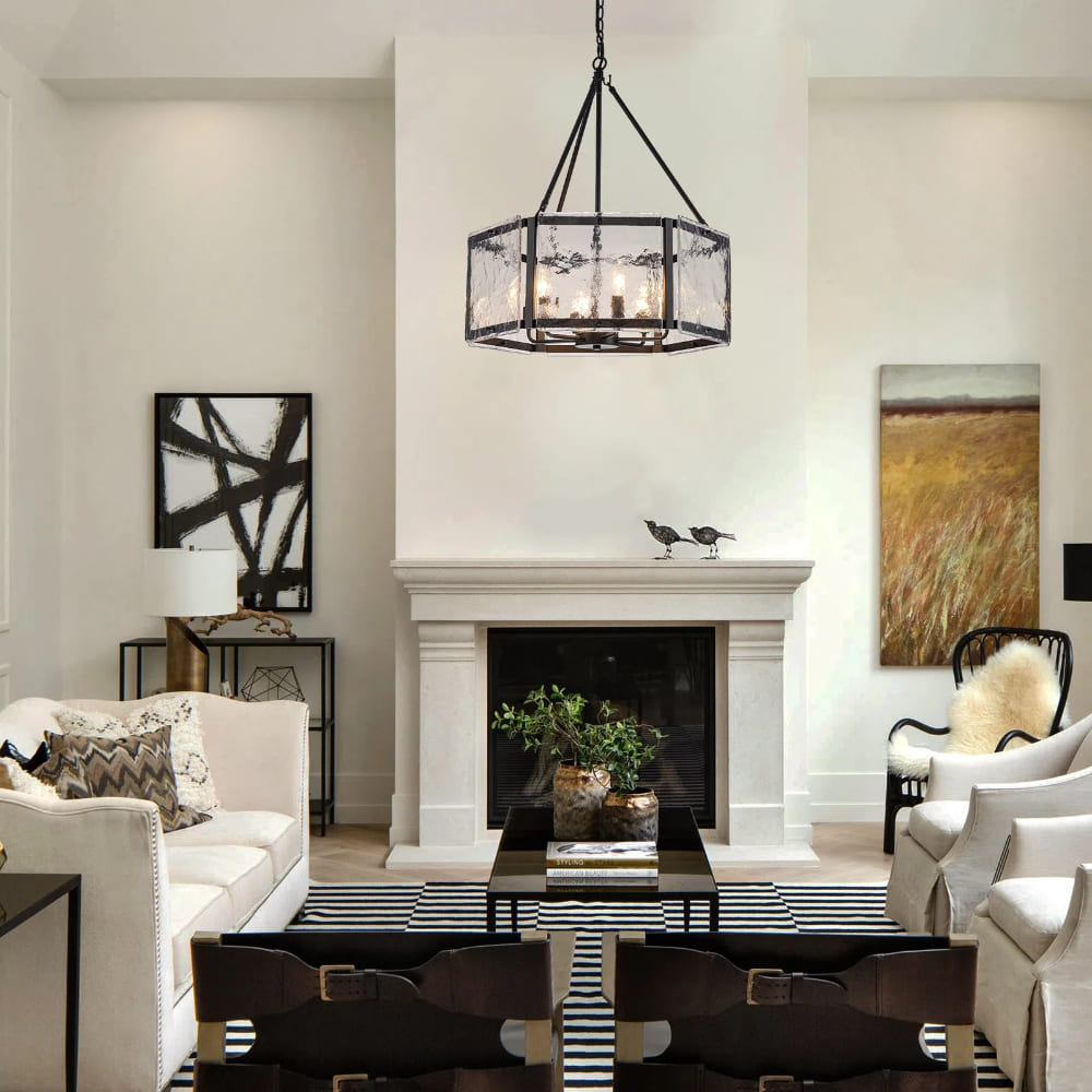 Textured Water Ripple Drum Chandelier - 6-Light Glass Pendant Light