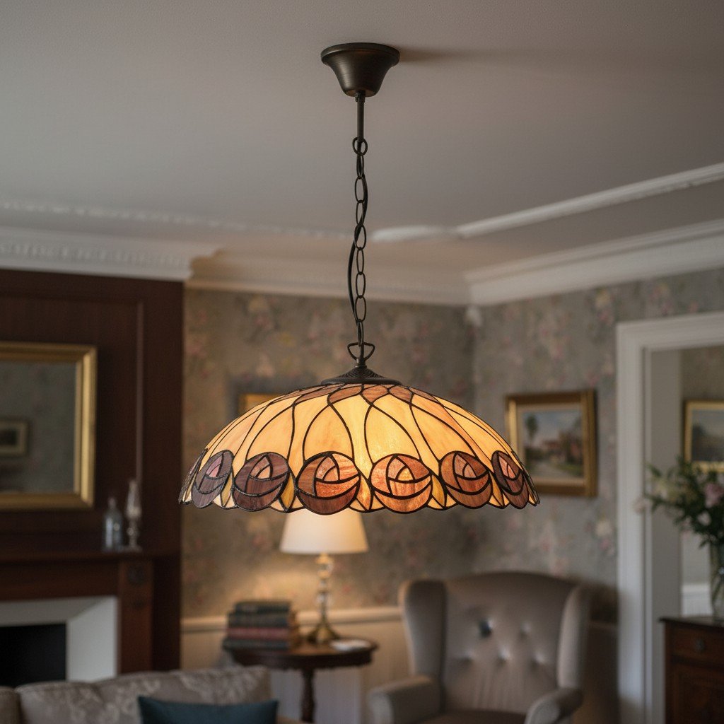 TF Hutchinson Tiffany Glass Pendant Light with Artistic Mosaic Design for Dining and Living Spaces