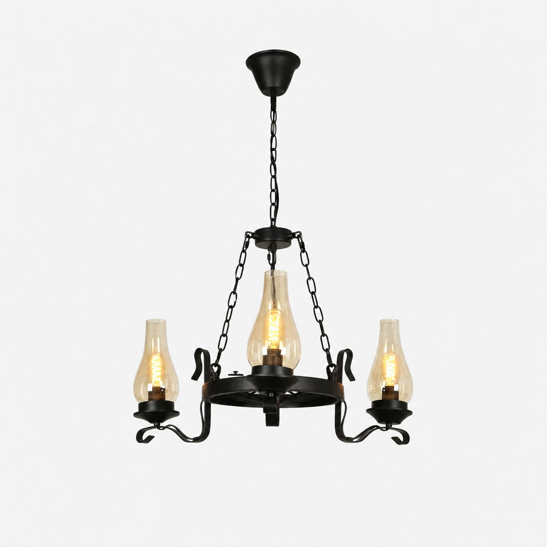 Three-light black iron chandelier with clear hurricane glass shades