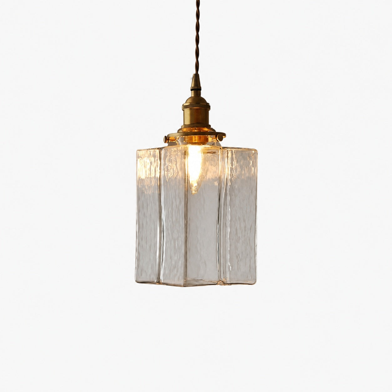 Traditional Vintage Square Rectangle Ripple Glass Iron 1-Light Pendant Light For Living Room