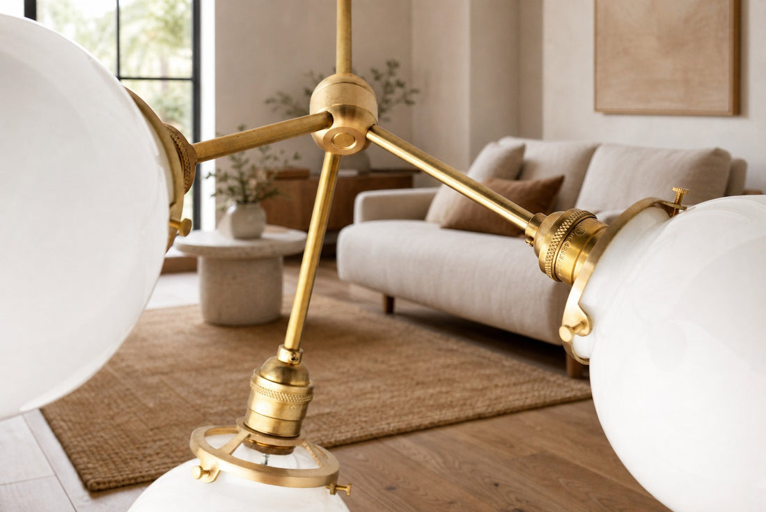 Glorica Glass Chandelier - Brass Globe Ceiling Light with Opal Shade