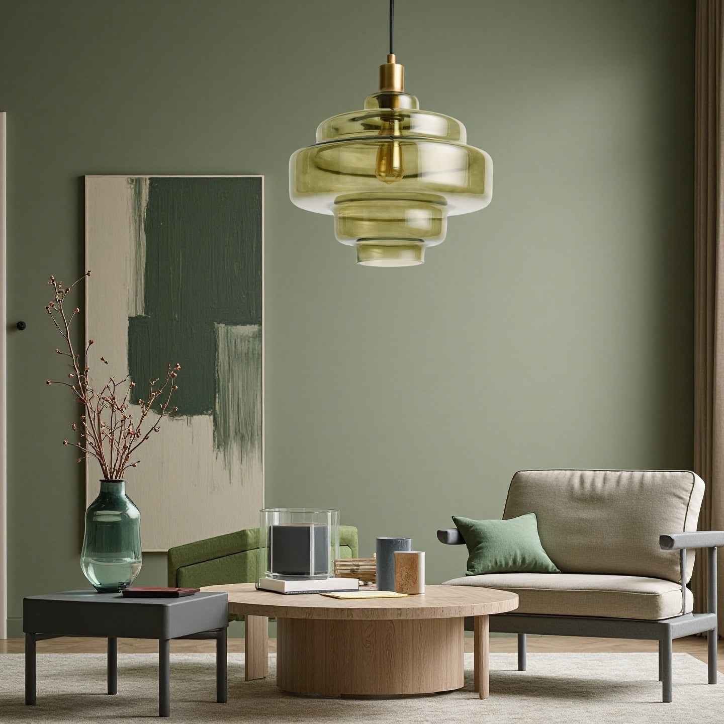 Olive Green Handblown Glass Pendant Lamp - Multi Tiered Hanging Lamp