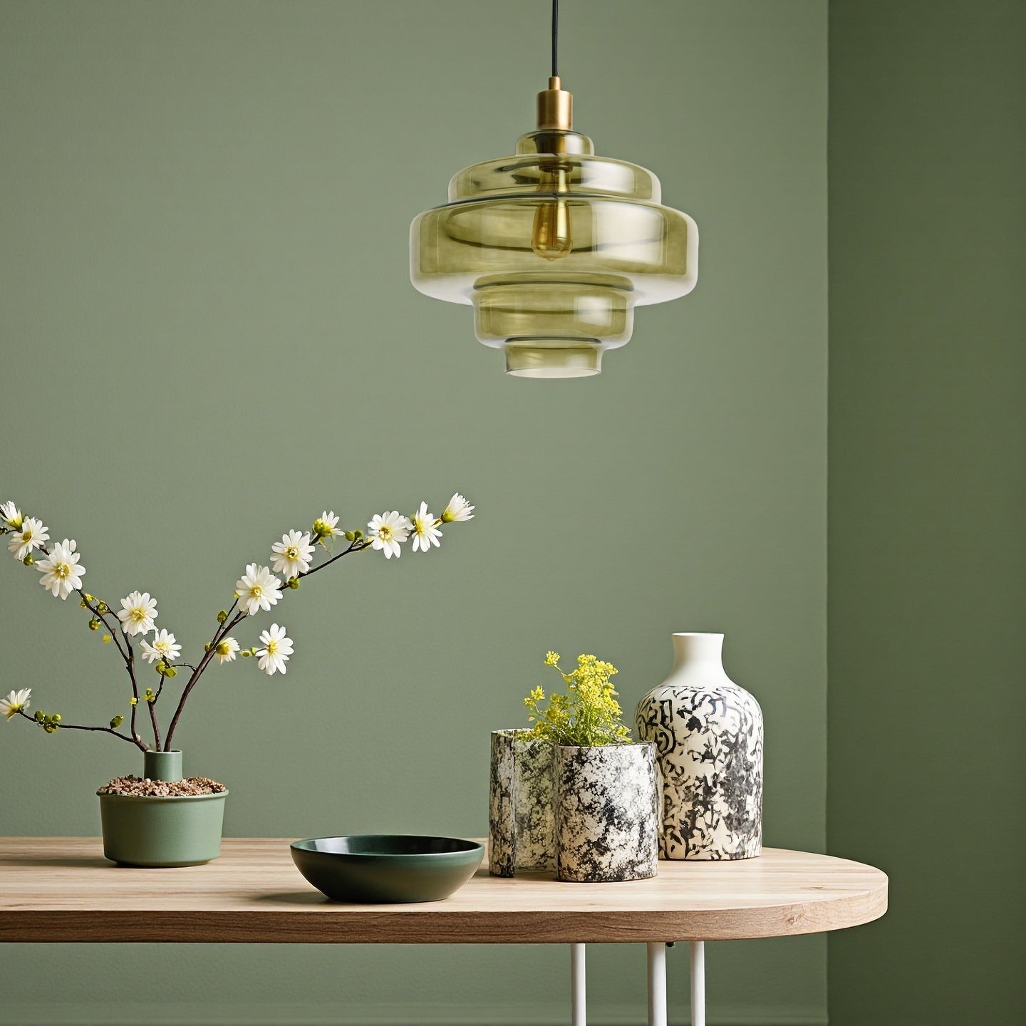 Olive Green Handblown Glass Pendant Lamp - Multi Tiered Hanging Lamp